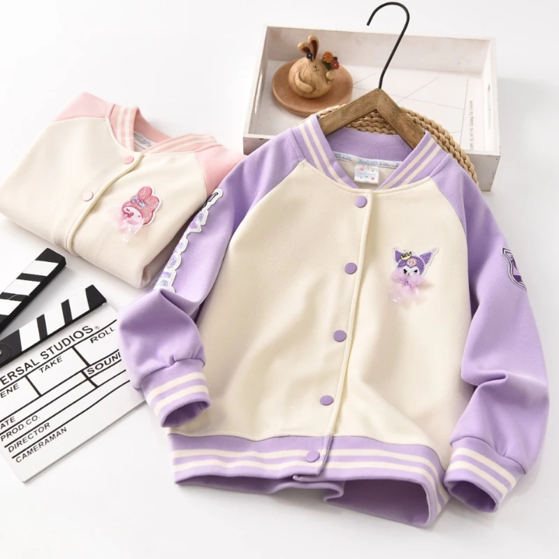 

Anime Sanrio Kawaii Kuromi My Melody Children Autumn Jacket Girl Cotton Baseball Jacket Kids Casual Windproof Warm Top Pant Gift