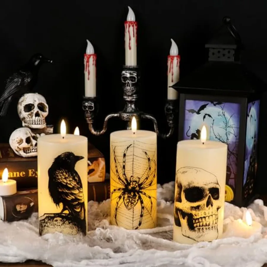 Halloween Flickering Candles Remote with Skull Spider Web Crow Raven Decals Set of 3 Battery Operated Halloween Themed LED Cand
