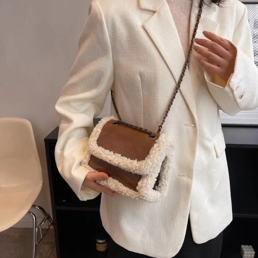 Retro Chain Shoulder Bags for Women PU Leather Fleece Flap Handbag Tote Fashion Female Faux Suede Splicing Crossbody Bag 숄더백