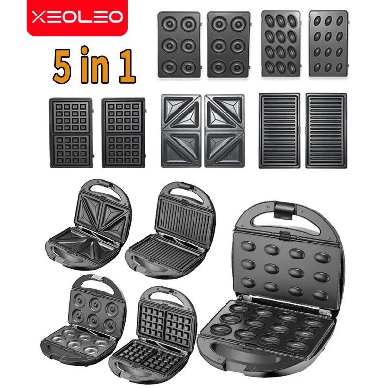 XEOLEO 5 in 1 전기 와플 메이커, 멀티 베이커 버블 미니 샌드위치, 도넛, 파니니, 케이크 기계, 주방 빵, 들러붙지 않는 기계 