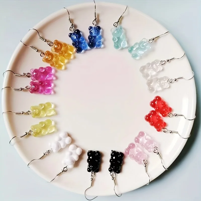 Candy Bear Charm Drop Earrings Colorful Resin Transparent Bear Ear Jewelry Gift For Kids Children Girls Accessories 3 Pairs dangle earrings drop earrings animal earrings