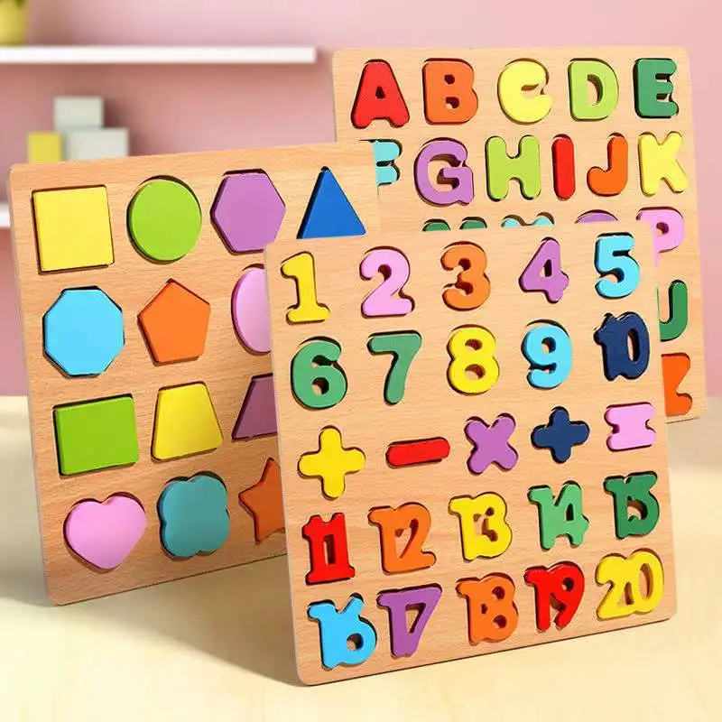 Baby 3D Alphabet Wooden Puzzle Colorful Montessori Learning Toys with Puzzle Board Preschool Educational for Girls Boys