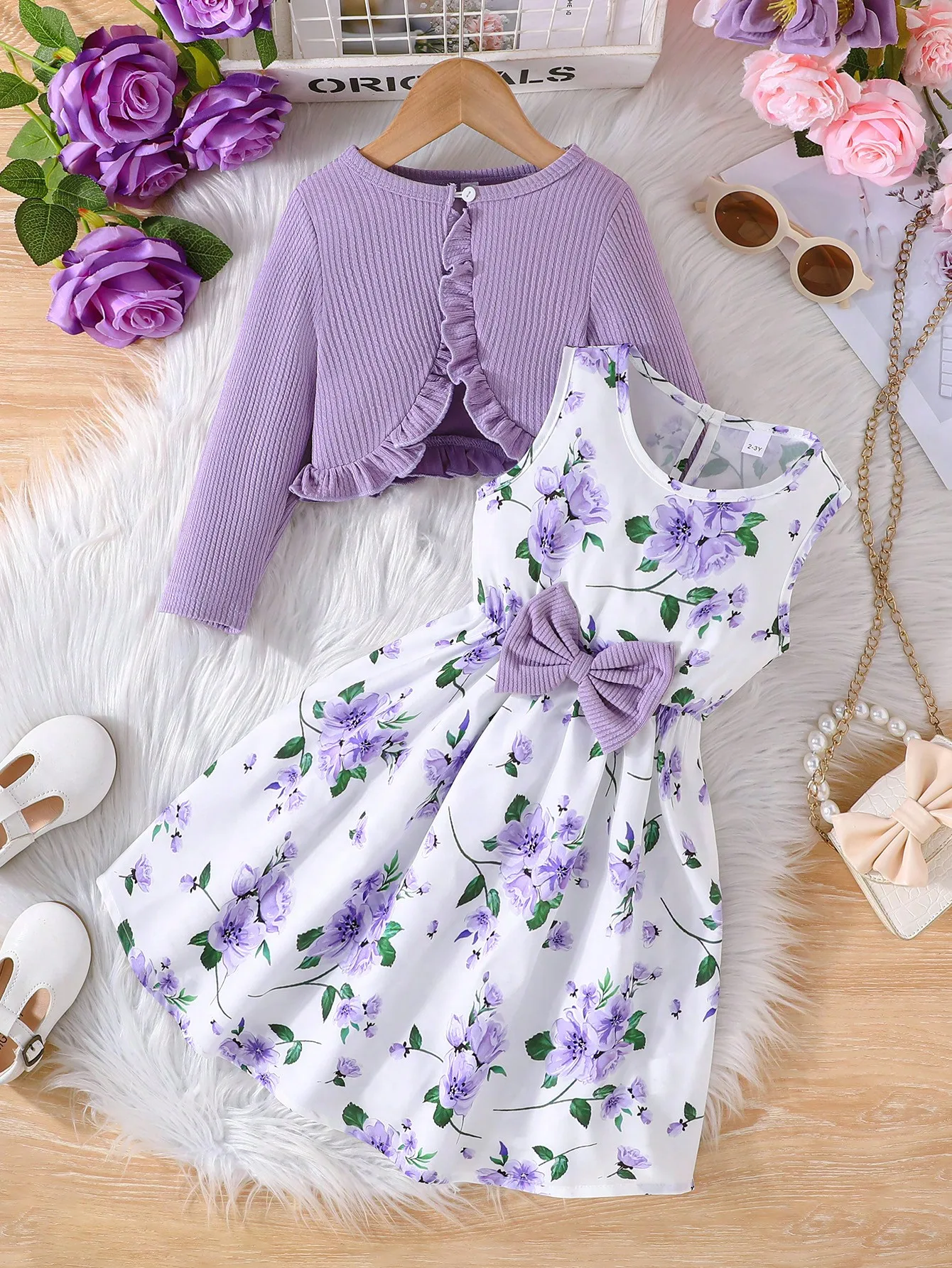 Lilac Knit Cardigan and Floral Print Dress Set