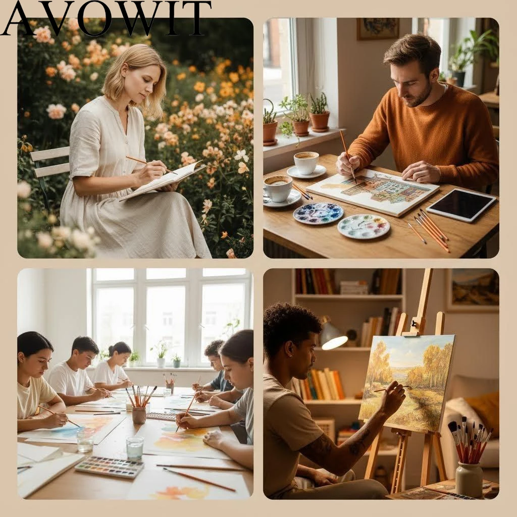 AVOWIT 8개 아트 페인트 브러쉬 - 아크릴, 수채화, 유화, 페이스 페인팅, 캔버스 및 DIY용 다용도 원형 및 평면 나일론 브러쉬