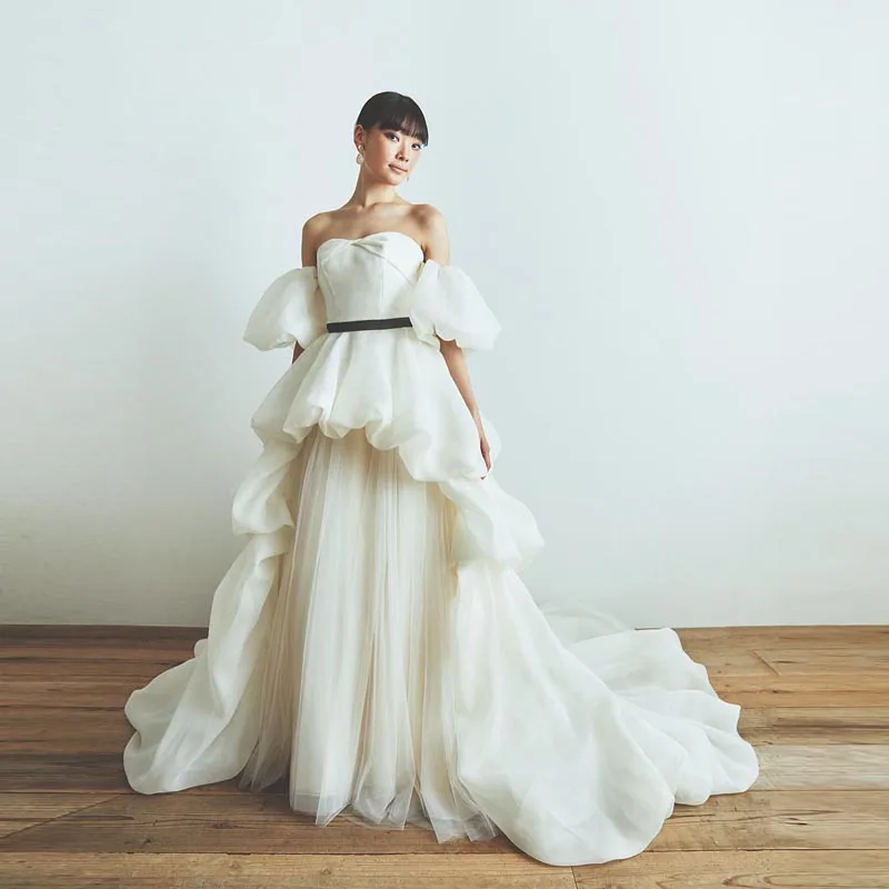 

Vintage Ivory Off The Shoulder Tulle Prom Gown Puffy Sleeve Hi Low Ruffled Party Dresses With Train Women Evening Dress Sukienki
