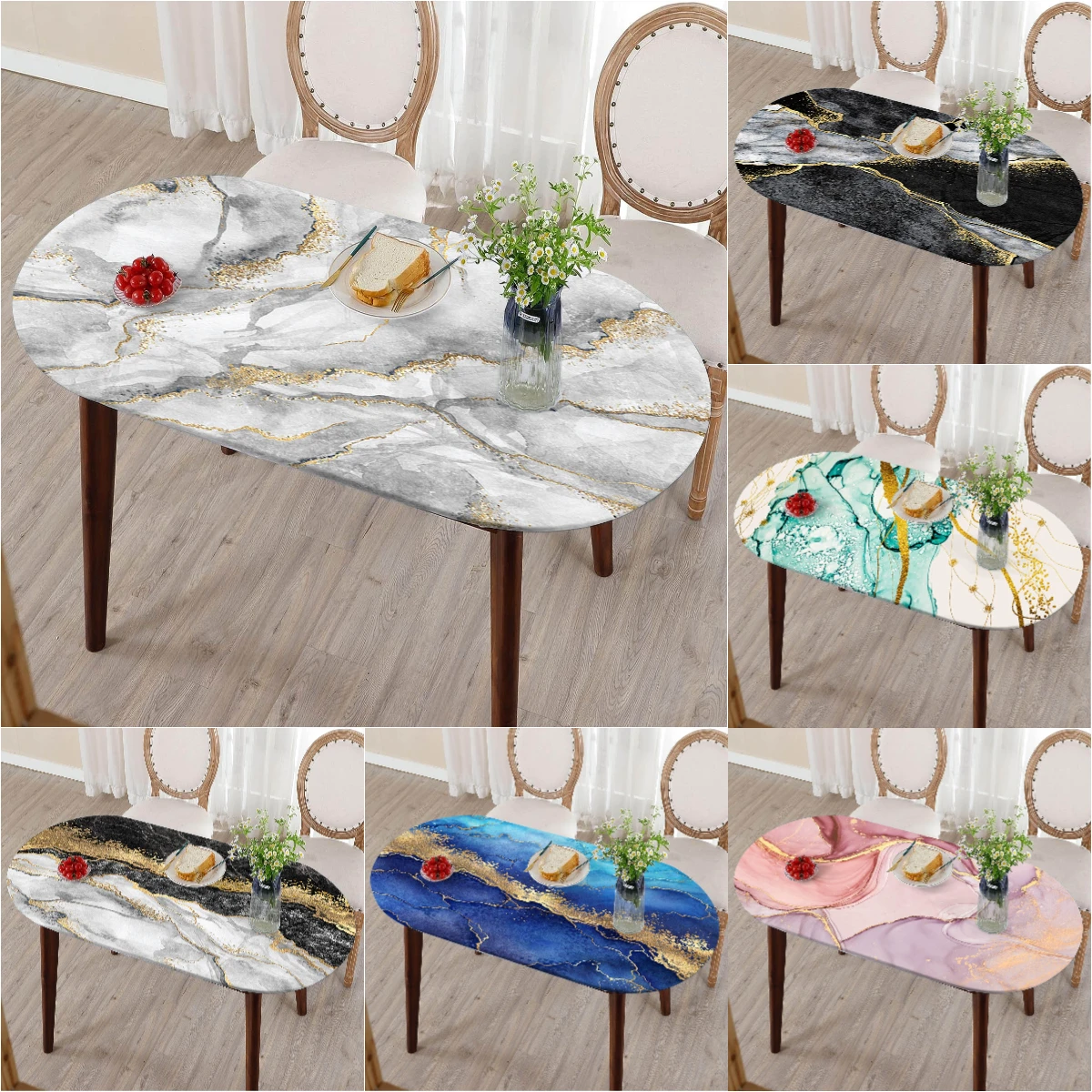 WhiteMarbleFittedOvalTableclothElasticEdgeClassicalWaterproofTableCoverforDining