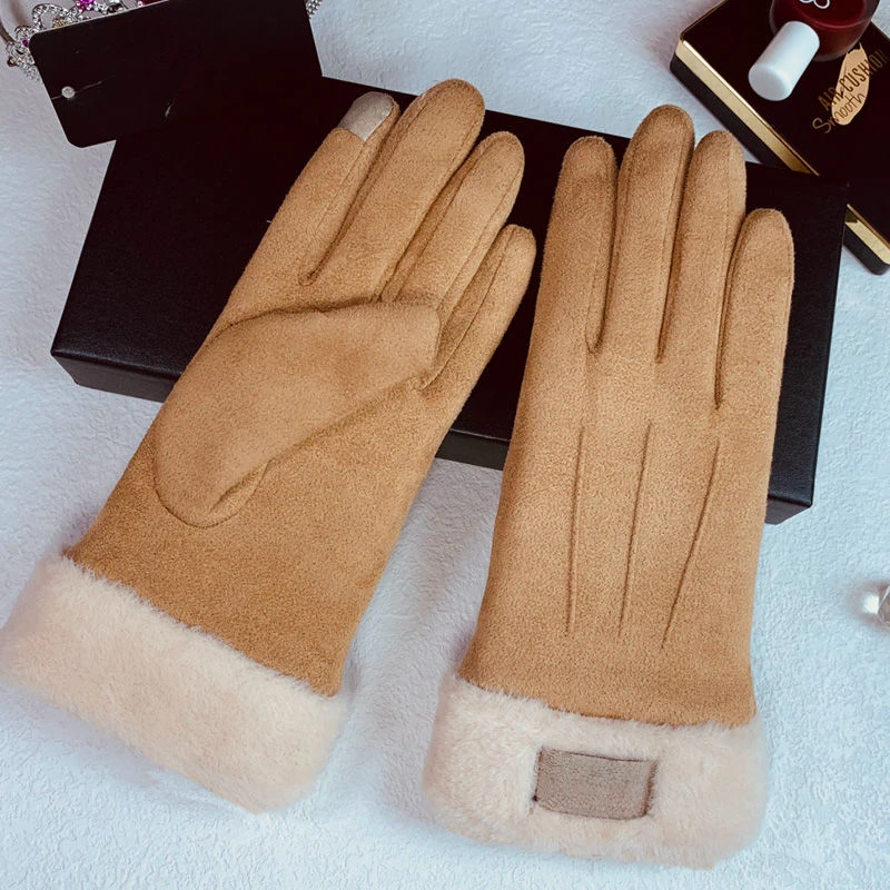 

Letter Women Winter Warm Suede Gloves Screen Women's Fur Gloves Full Finger Mittens Glove Driving Outdoor Windproof Gants Cotton