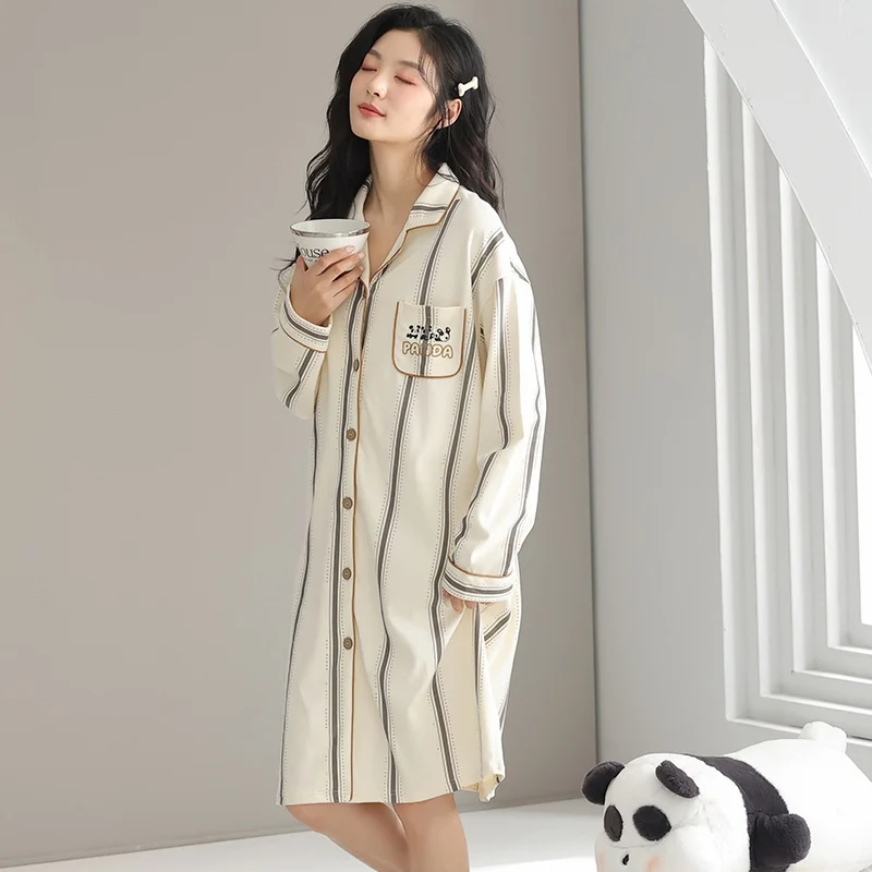 2023 Spring Cotton Long Sleeve Nightgowns for Women Korean Loose Cardigan Sleepwear Night Dress Nightdress Homewear Home Nighty