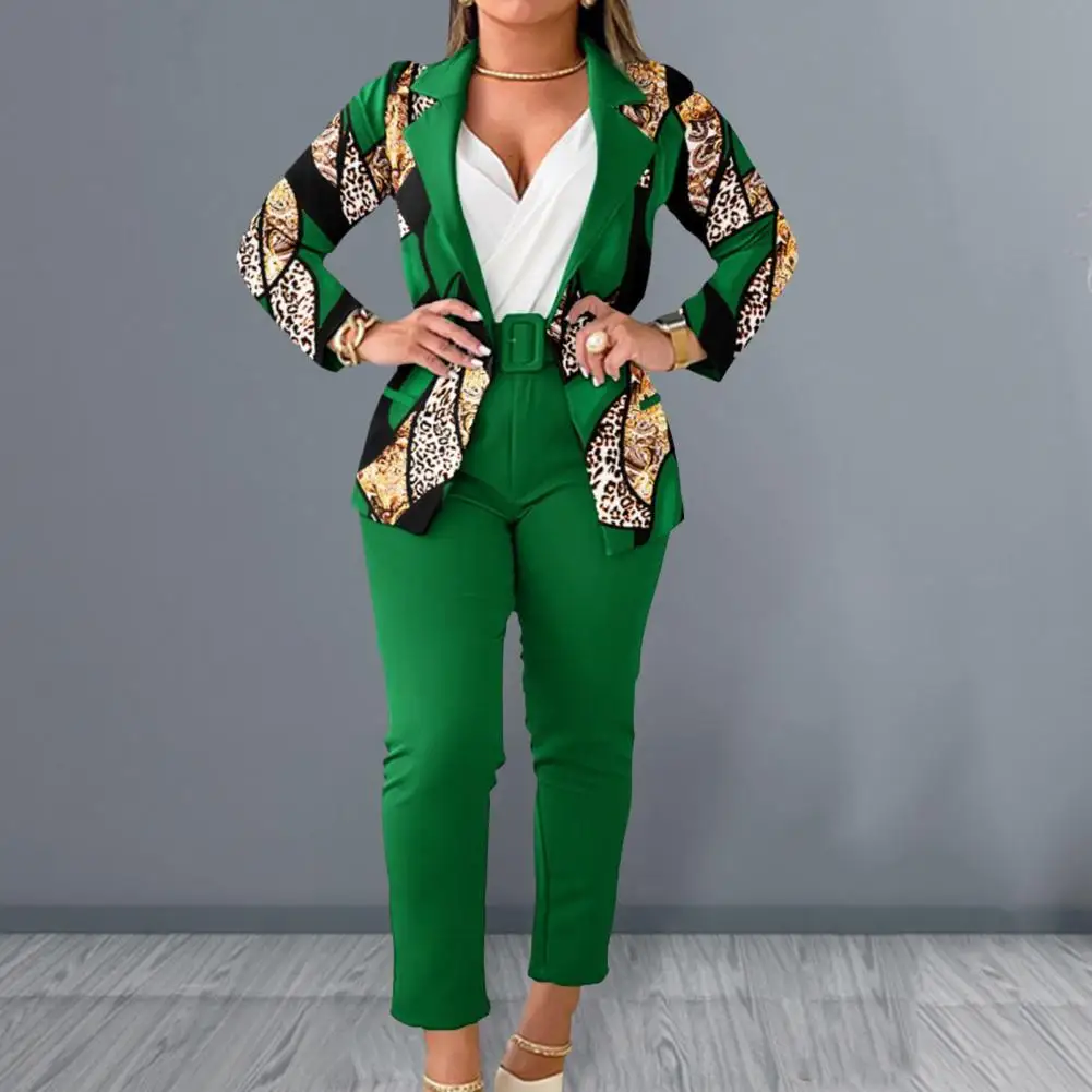

Winter Fashion Suit Set Elegant Women's Suit Set Printed Cardigan Solid Trousers Belted Lapel Neck for Office for Women