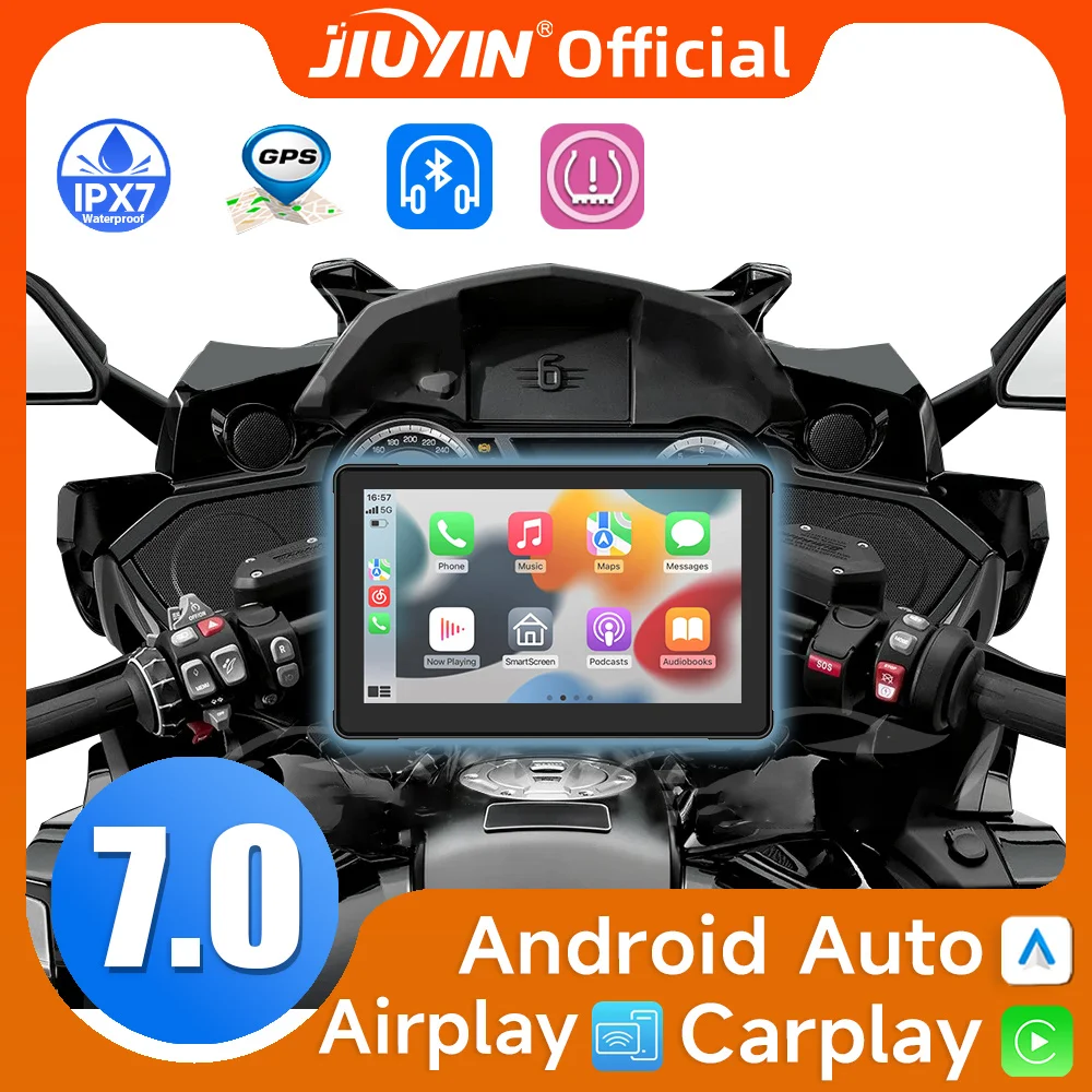 JIUYIN IPX7 Waterproof 7Inch Motorcycle Portable Navigation GPS Screen  Wireless Apple Carplay Android Auto Display Dual BT