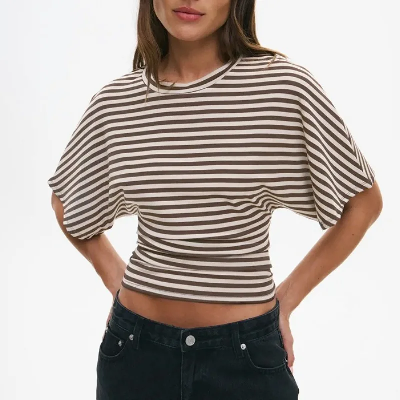Fashion New Summer Women's Short Sleeve Striped T-shirt Elegant Round Neck Slim-fitting Waist Pullover Casual Top Short Blouse