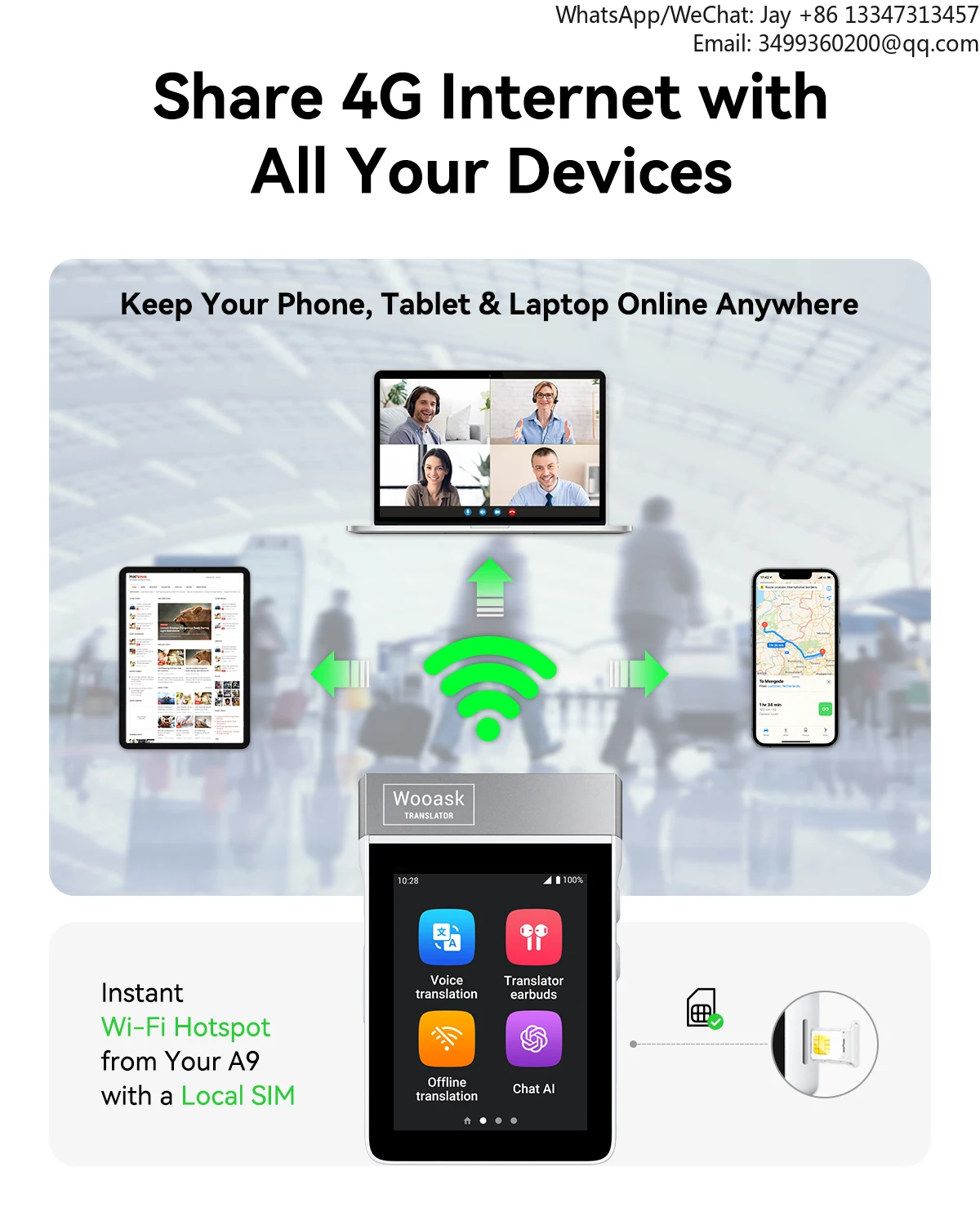 우아스크 A9 4G+WiFi AI 번역 이어버드 화면 탑재, 즉시 144개 언어 및 16개 언어 오프라인 번역, 채팅 AI, 음악 스트리밍