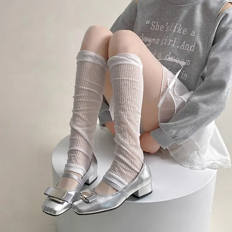 Summer Lolita White Knee-high Socks Sweet Mid-calf Thin JK Long Ruffle Leg Cover Thin Breathable Arm Warmers Women Daily Hosiery