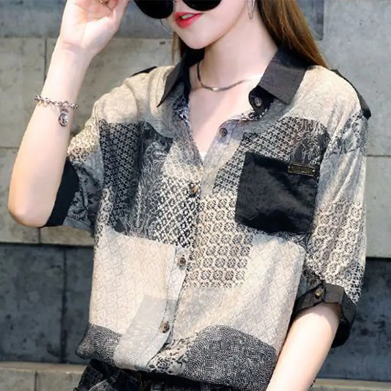 Elegant Fashion Harajuku Slim Fit Female Clothes Casual All Match Shirt Printed Pockets Button POLO Collar Short Sleeve Blusa