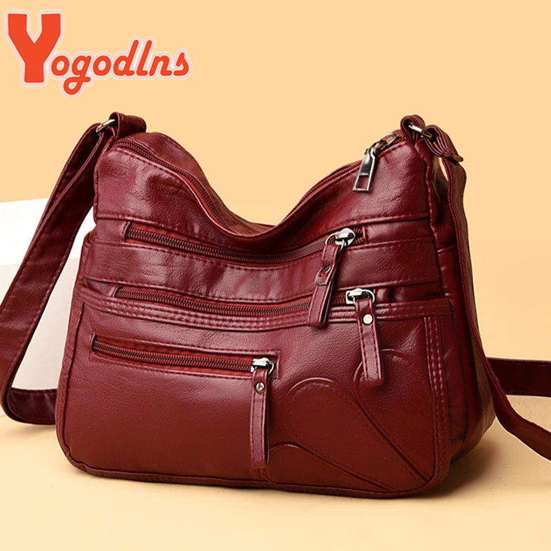 Leather Handbag Women Handbags Crossbody Bags Yogodlns Vintage Shoulder Women's Bag Washed PU Leather Crossbody Bag Multifunction Messenger Large Capacity Lady Handbag