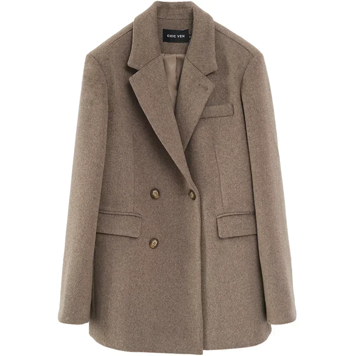CHIC VEN Women Wool Blend Coat Solid Mid Long Woolen Blazer Thick Warm Blouse Women's Overcoat Office Lady Tops Autumn Winter 4