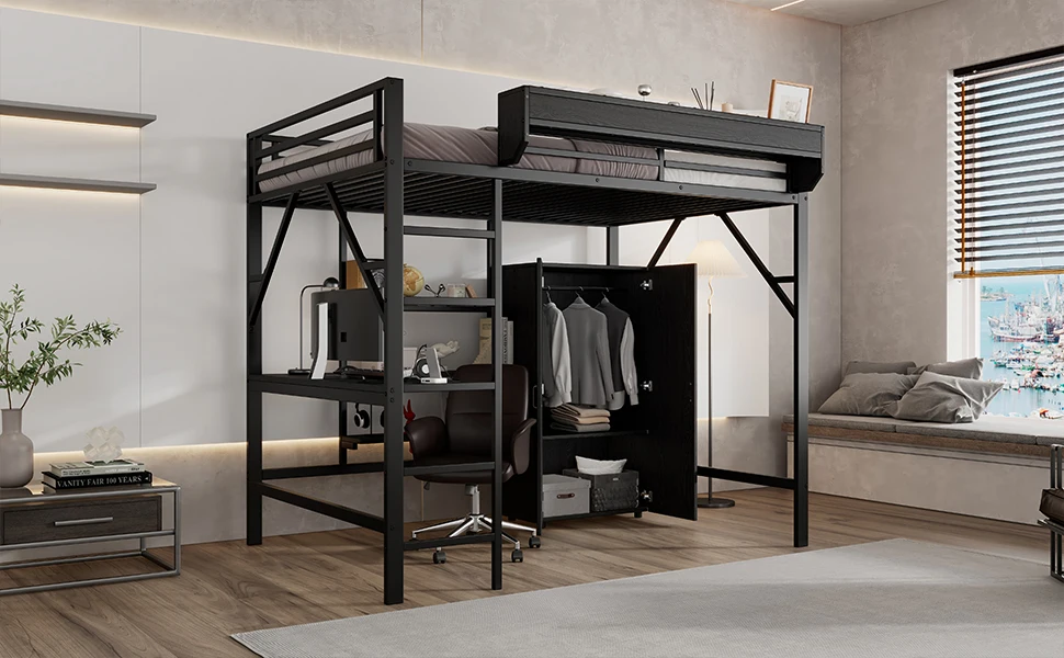 Eisenbett, Hochbett, Doppelstockbett mit Stauraum unter dem Schreibtisch, Oberbett mit Stauraum, mit Kleiderschrank, 140x200cm – Detail 11