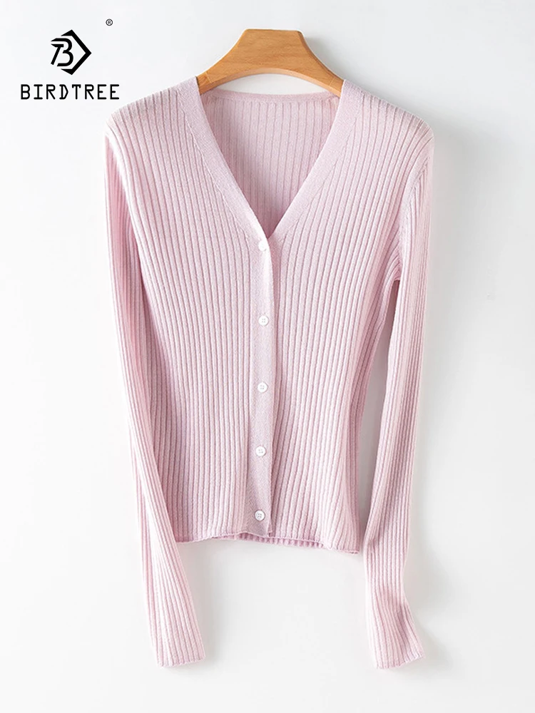 Birdtree 10%Wool 5% Natural Silk Womens' Cardigans Rib Slim