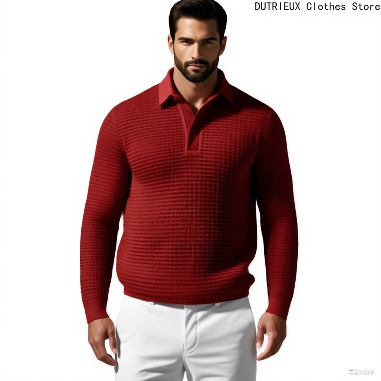 T-shirt sportiva con bottoni risvolto a maniche lunghe con motivo waffle, polo da uomo d'affari autunnale, top casual comodo e traspirante - immagine 3