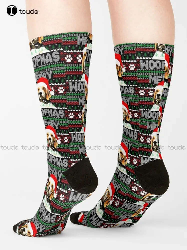 

Merry Woofmas Cute Beagle Dog Ugly Sweater Christmas Socks Mens White Socks Personalized Custom Unisex Adult Teen Youth Socks