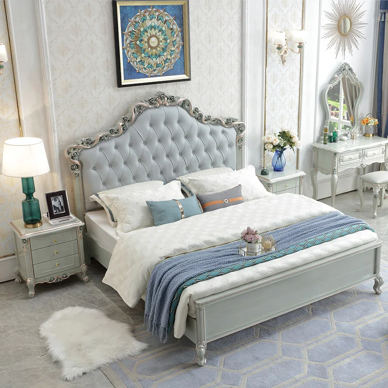 

French Solid Wood Bed Villa Master Bedroom Light Luxury Style Genuine Leather Bed Princess Bed Luxury Leather Art Furniture