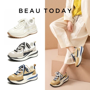 BeauToday 여성용 캐주얼 스니커즈, 암소 스웨이드 합성 가죽 패치워크, 혼합 색상, 레이스업 라운드 토, 여성용 와플 신발 29439