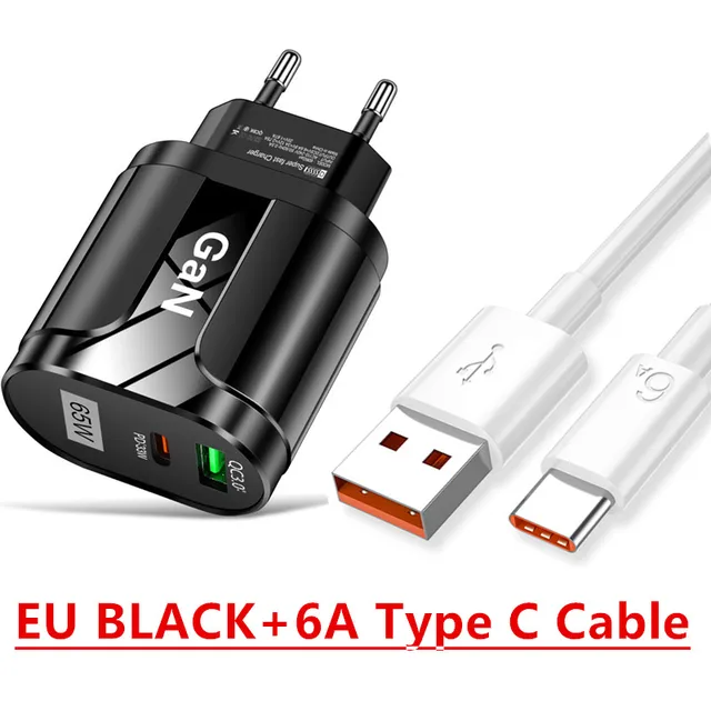 PD 65W Fast Charge Adapter For Laptop MacBook Pro Type-C Quick Charger For Apple iPhone 11 12 13 Pro iPad Huawei Xiaomi Samsung EU Black Cable