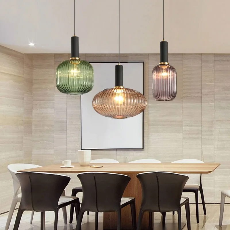 

Nordic Bar Restaurant Pendant Light Stripe Lantern Hanging Light Glass Ceiling Lamps for Bedroom Living Room Kitchen