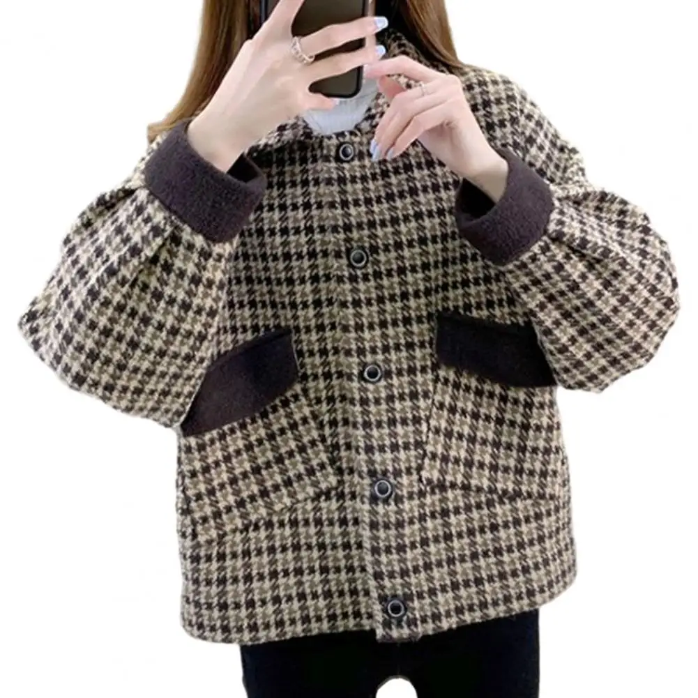 

Plus Size Lady Coat Stylish Plaid Print Cardigan Warm Plus Size Women's Coat with Lapel Single-breasted Design Convenient