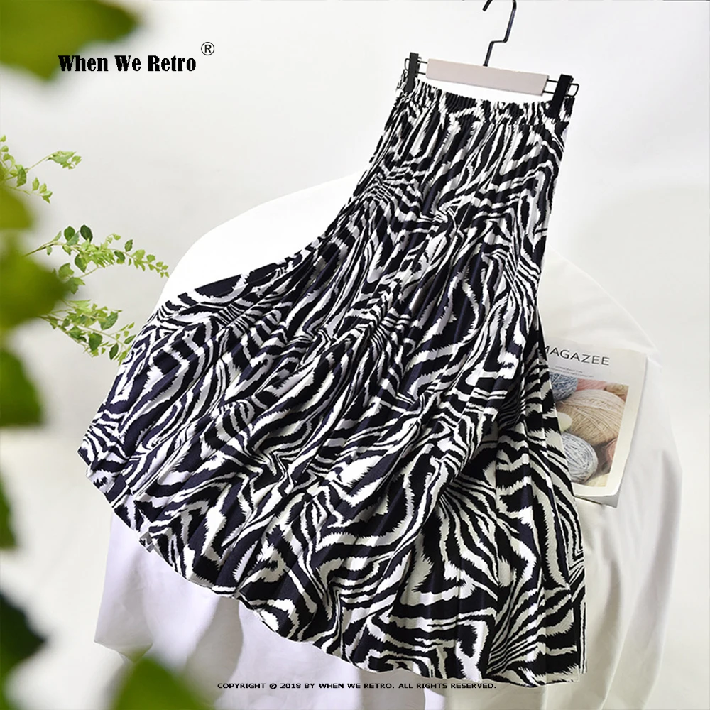 

Vintage Long Pleated Skirt Multi Layer Black and White Print Fashion High Waist Stretchy Midi Skirts For Women Casual RS006