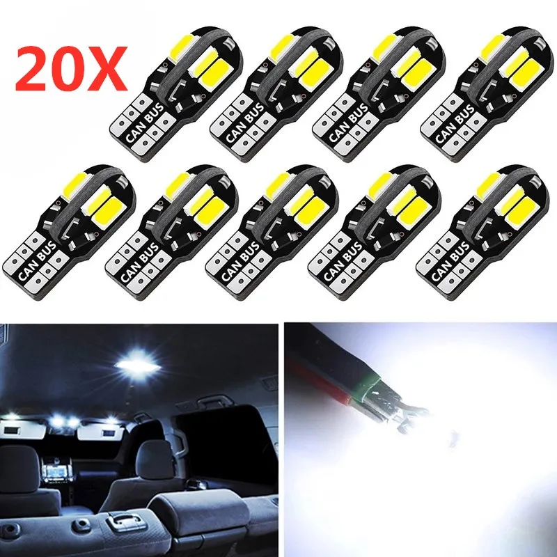 W5W T10 LED 전구 캔버스 5730, 8SMD, 12V, 6000K, 194 168, LED 인테리어 지도 돔 조명, 주차 조명, 자동 신호 램프 전쟁, 2 개, 20 개