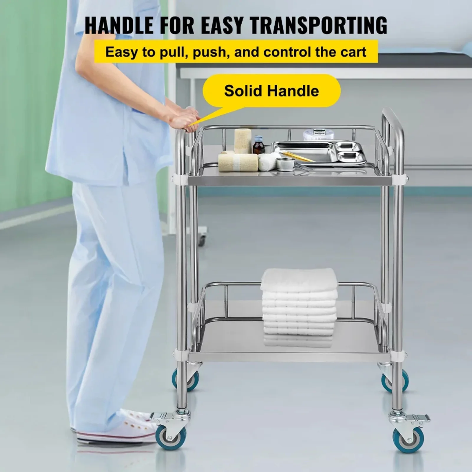 Stainless Steel 2 Layer Trolley Rolling Cart Lockable 360&deg; Silent Wheels Utility Cart for Kitchen Salon multi layer storage trolley