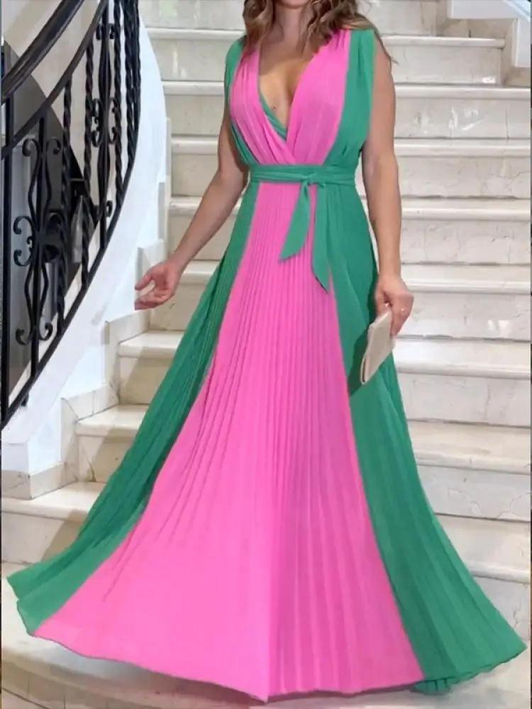 

Uoozee 2023 New Summer Sleeveless Fashion Contrast Color Sexy V-Neck Pleated Bohemia Dress Beach Party Maxi Dresses For Women