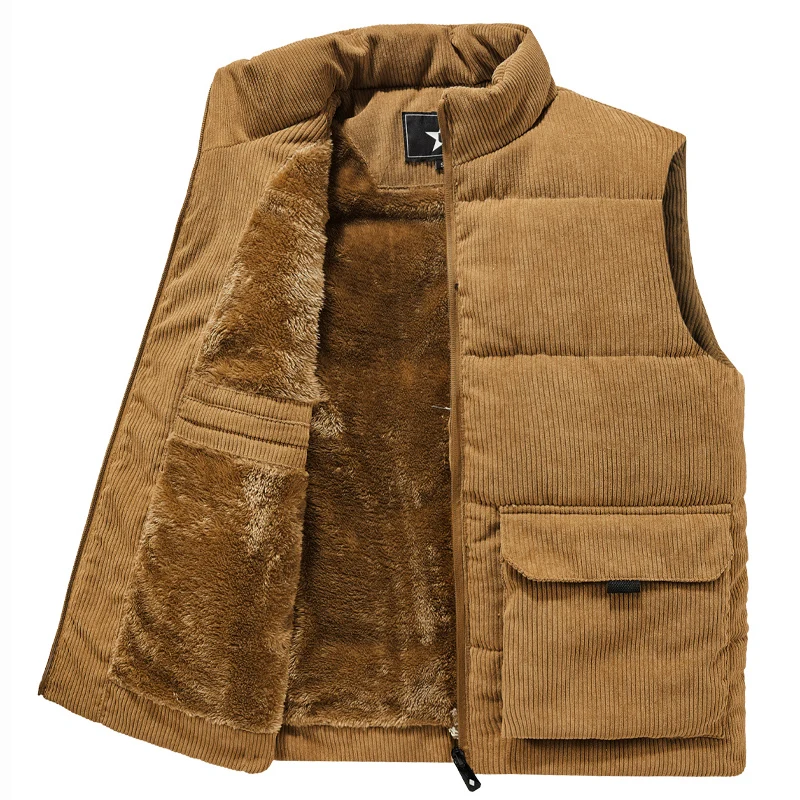 Hiking Vest Hunting Vest 6XL Mens Winter Plus-size Corduroy Cargo Sleeveless Jacket Thick Warm Fleece Lining Multi-pocket Outdoor Hiking Safari Work