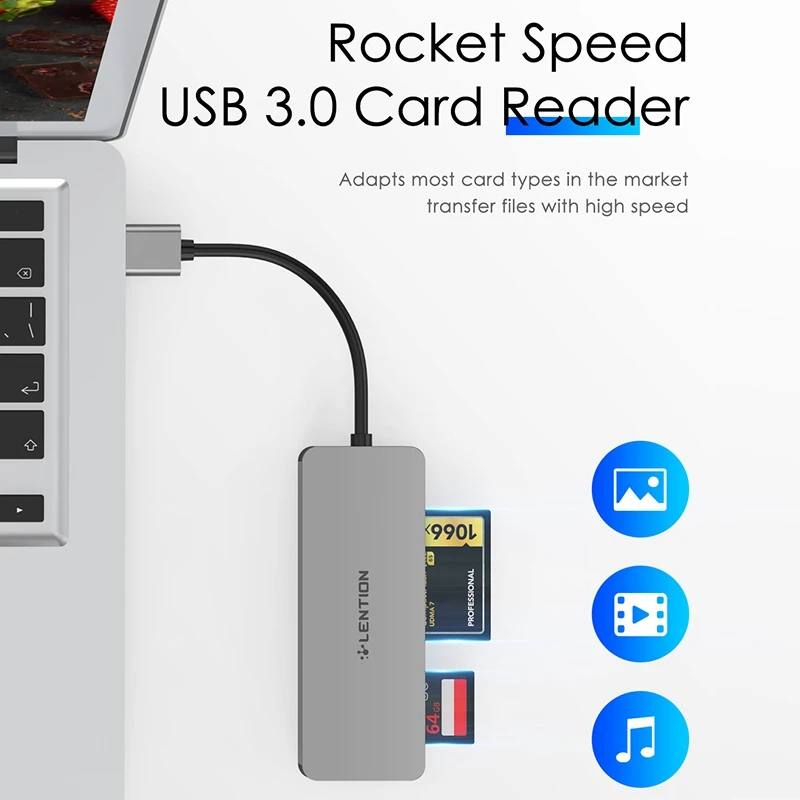 LENTION USB 3.0-CF SD/미니 SD 카드 리더, SD/SDHC/SDXC/MMC/RS-MMC/미니 SD/미니 SDHC용 SD 3.0 카드 어댑터, 실버