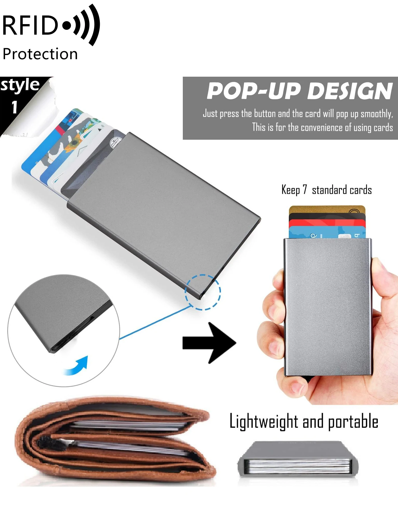 Men's ultra-thin and minimalist RFID shielded metal wallet, credit card wallet, automatic pop-up card bag, minimalist 4