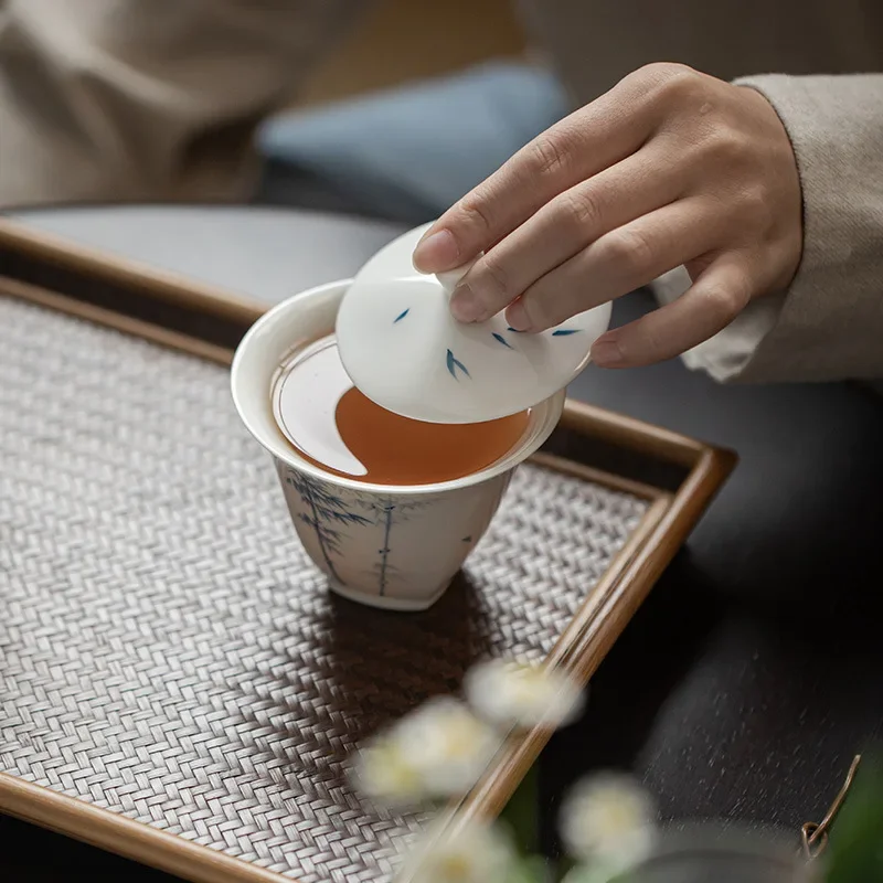 160ml Jade Clay White Porcelain Hand-painted Blue and White Bamboo Gaiwan Chinese Style Simple Tea Making Bowl
