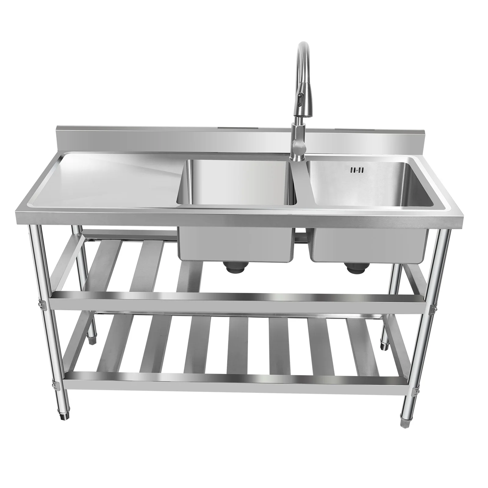 Commercial stainless steel Rectangle double groove kitchen sink with hot and cold faucets 3 Tiers Maximum Loading 400kg/882lbs 3