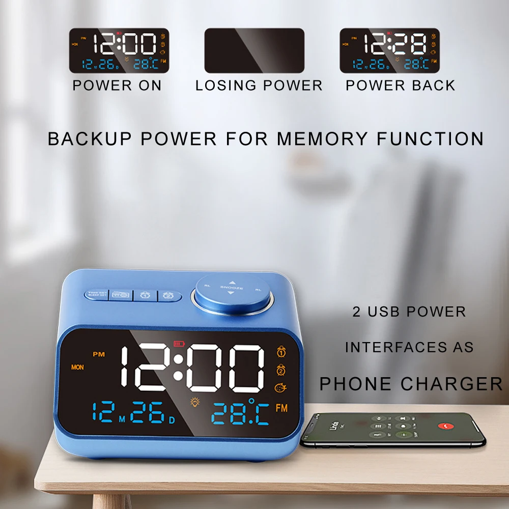 Reloj despertador digital recargable con batería pequeña con radio y  puertos de carga USB, despertador digital LED para dormitorios, mesita de  noche