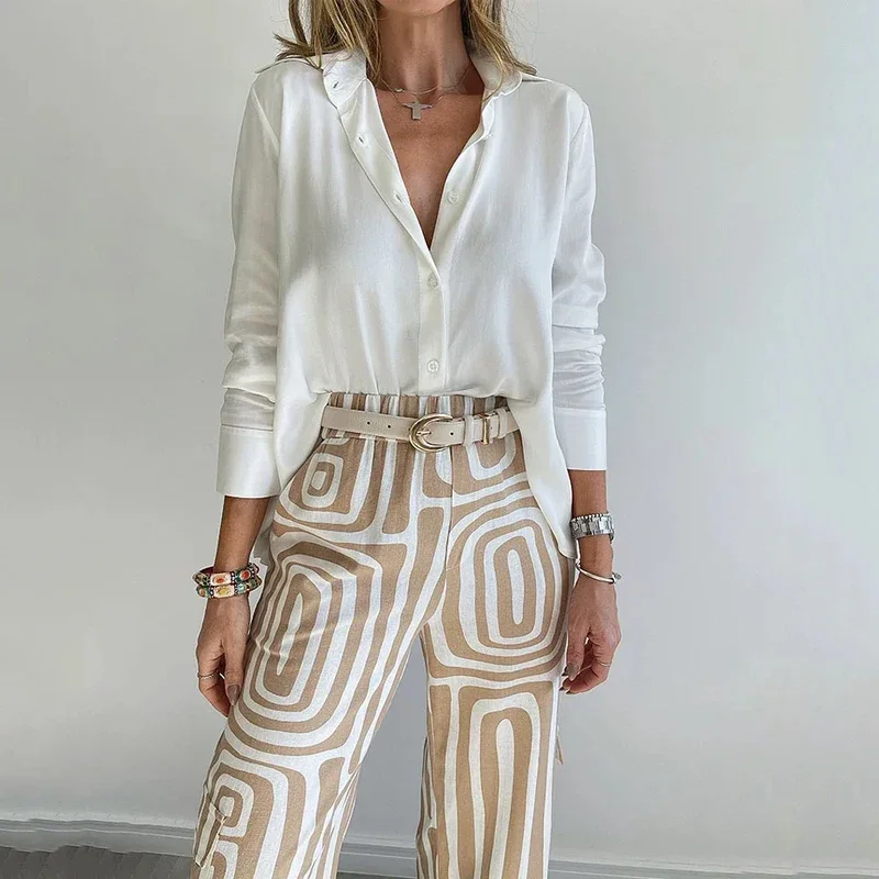 MECOCICI  Two Piece Set Women Office Fashion Lapel Long Sleeve Shirt Solid Single Breasted Button Top Printed Pants Sets No Belt