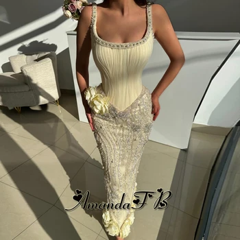 Amanda Charming Scoop Neck Evening Dress Pleat Rhinestones Pearls Sleeveless Saudi Arabric Party Gown Robes De Soiree Customized 1