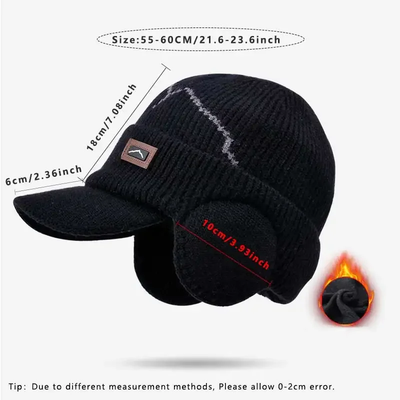 Men's Skullies Beanies with Visor for Warmth Winter Knit Earmuffs Thick Wool Lined Skull Ski Baseball Cap Winter Outdoor Riding images - 6