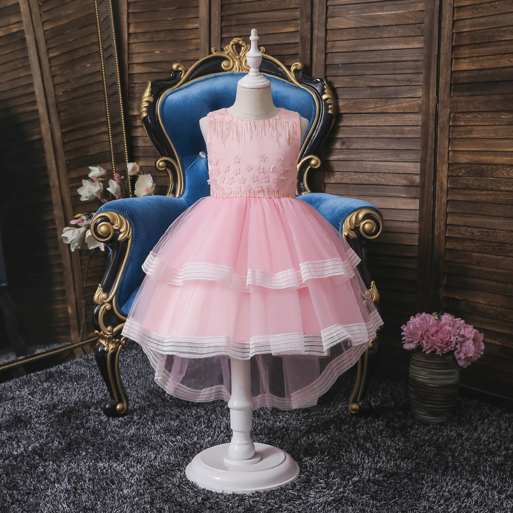 

4 Colors 110cm-160cm New Style Children Princess Trailing Dress Baby Girl Lace Performance Wedding Party Vestidos