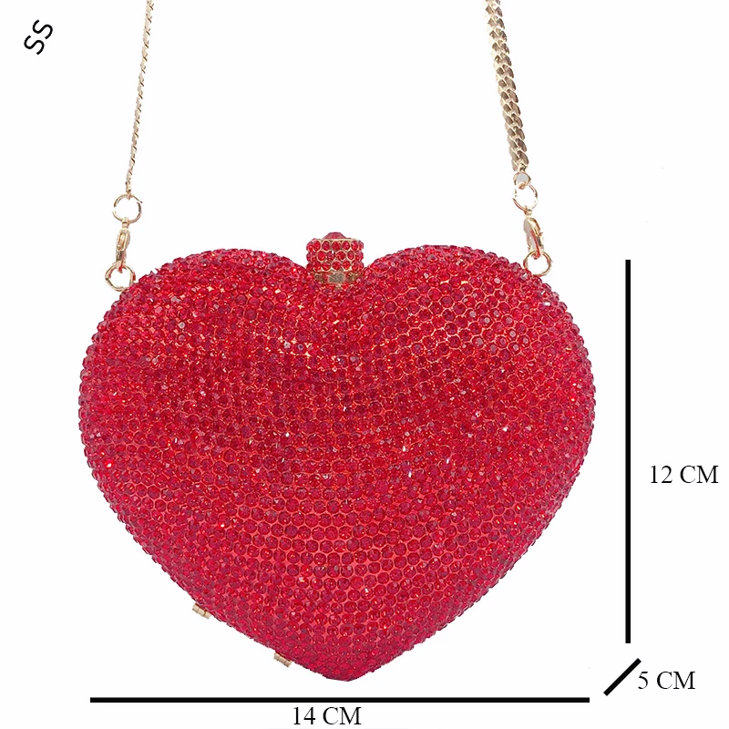 Metal Chain Inlaid Full Rhinestone Diamond Red Heart Style Handbag Women's Fashion Hard-shell Clutch Bags for Party's Purse