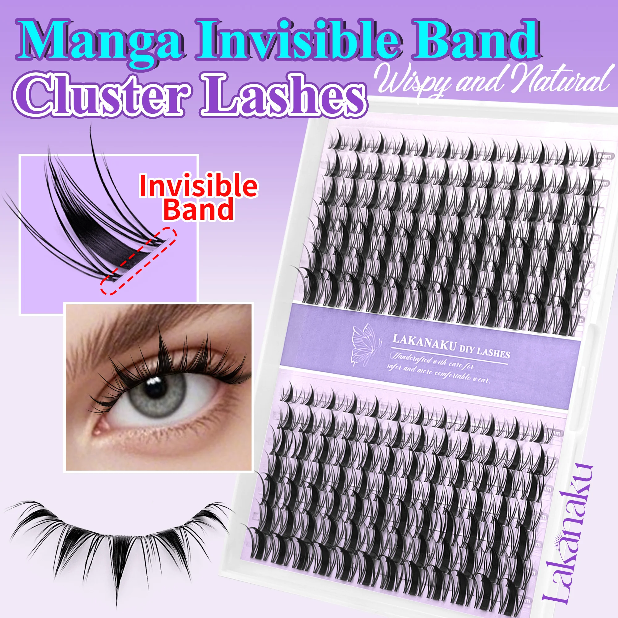 Lakanaku DIY Wimpern im Manga-Stil, unsichtbare Bond-Wimpern, Fairy Cluster Lash, Comic Make-up Sets und Kits, Wispy Cluster Fans