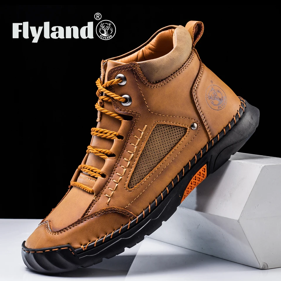 FLYLAND 남성용 클래식 빈티지 캐주얼 부츠, 부드러운 피부 친화적 느낌, 프로스트  가죽, 수제 비즈니스 앵클 부츠
