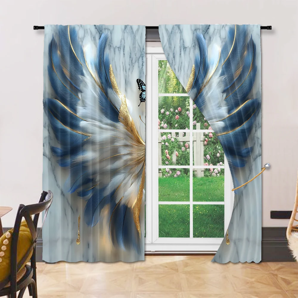 2pc,  Party Window Curtains Abstract Blue Feather Polyester,Without Electricity Birthday Party Perfect for Office decoration 6
