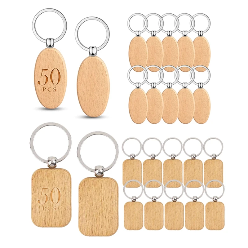 

100 Pcs Wooden Blanks Unfinished Wood Key Chain Blanks For DIY Crafts(Oval+Rectangle)