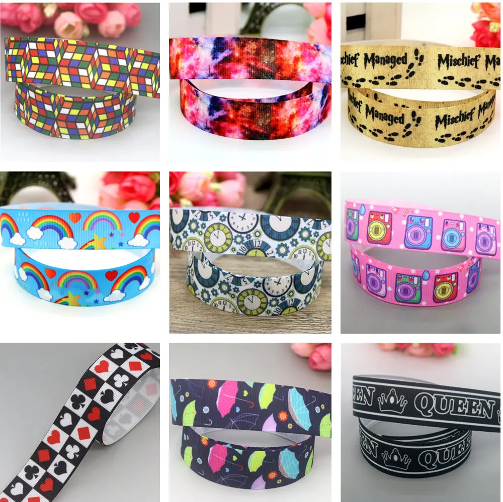 DUWES 50yards Cube Painting Watch Rainbow Umbrella Game Sister Queen Printed Grosgrain Ribbon Collar DIY Sewing Craft D2593