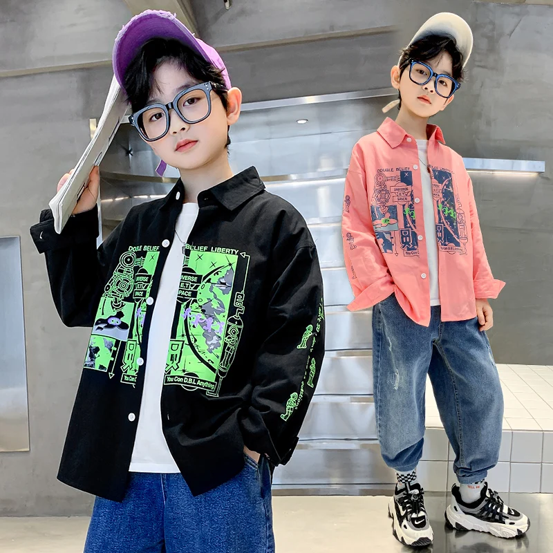 Summer New Boys Shirts Long Sleeve Cotton Overshirt Cartoon Print Shirt for  5 to 13 Years Kids Spring Autumn Children's Clothing - AliExpress